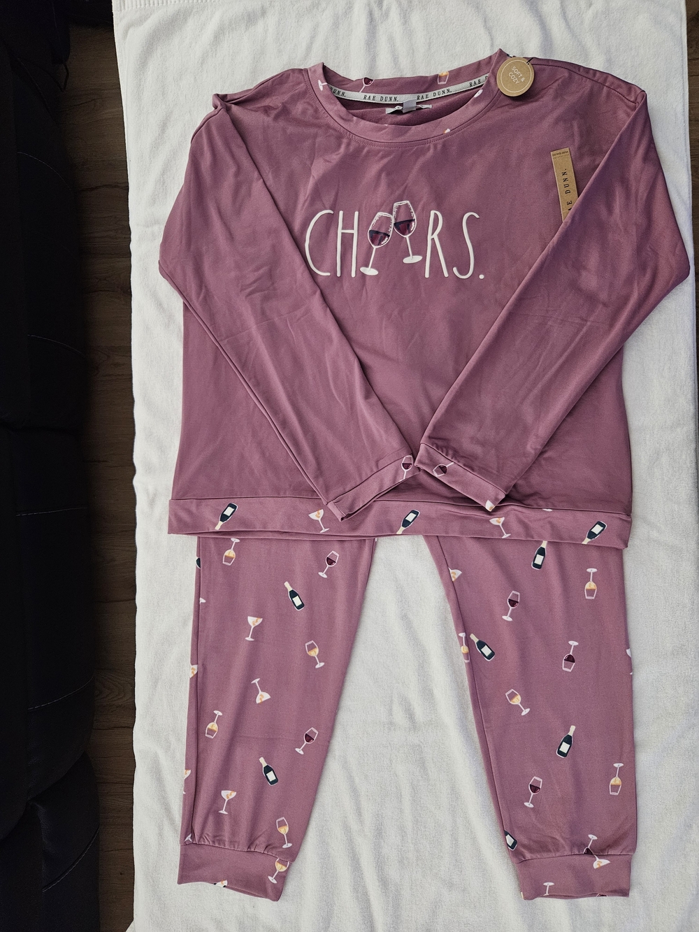 NWT Rae Dunn Cheers Wine Pajama Set Soft & Cozy Mauve Long Sleeve Joggers Large